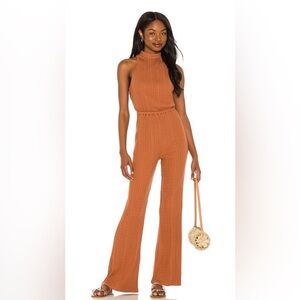 House of Harlow 1960 Sleeveless Ribbed Mock Neck Jumpsuit in Rust Orange